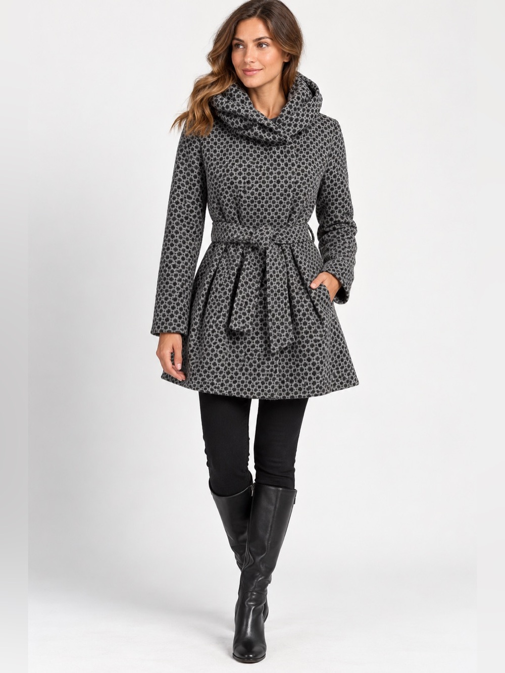 Xhilaration Target Gray Geometric Hooded Belted Fit & Flare Coat Size Large